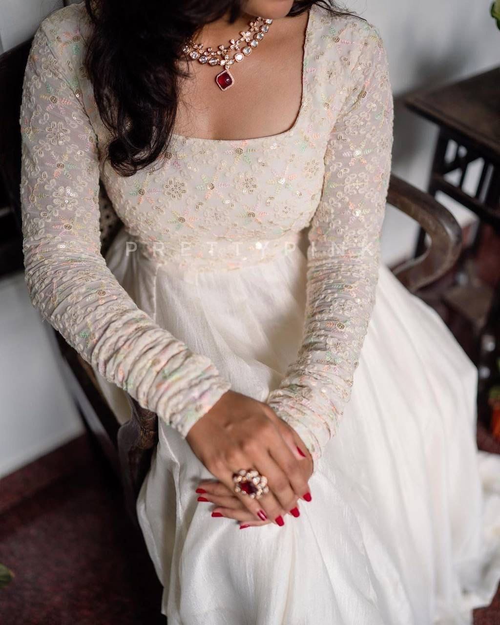 White Colorful Chikankari Gown