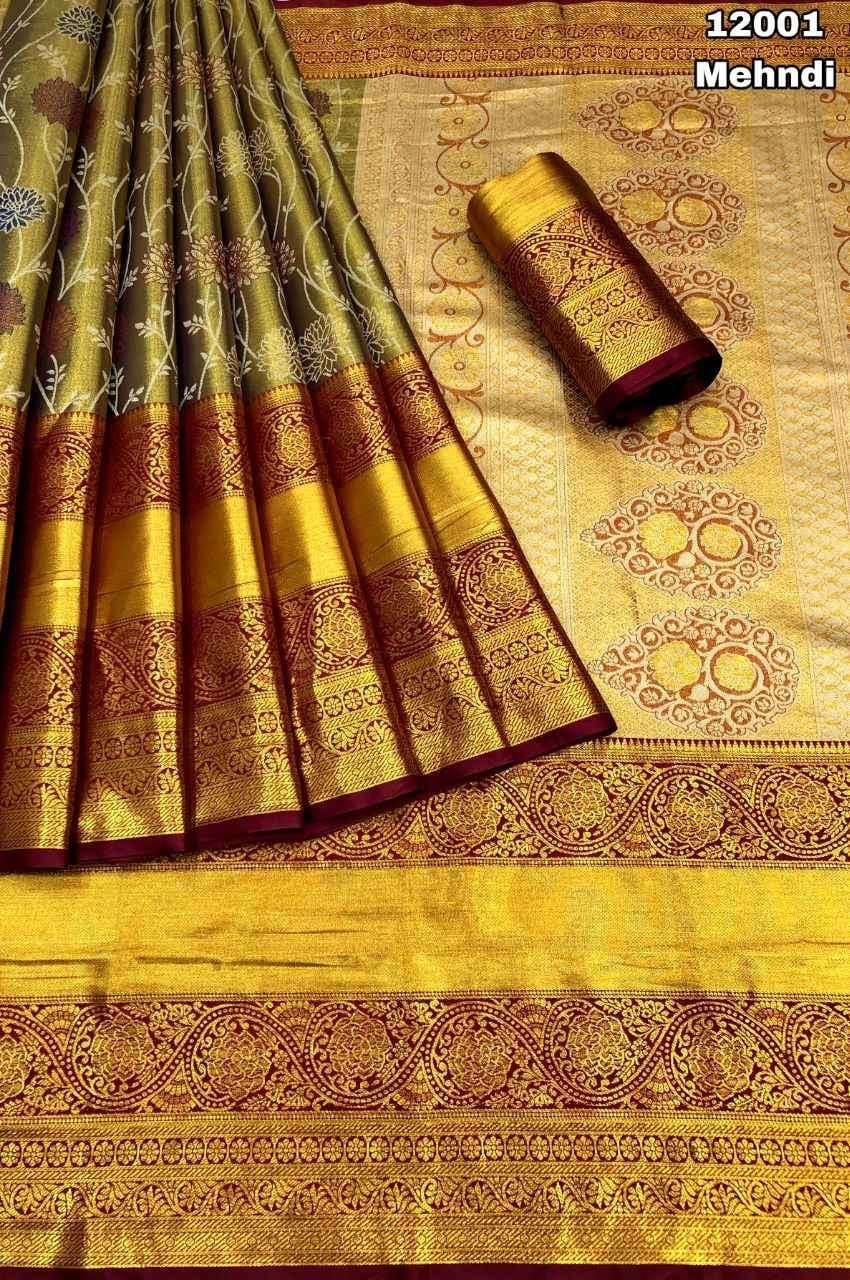 Kanjivaram Semi Pattu Silk Saree with Gold Zari Weaving and Floral Desig