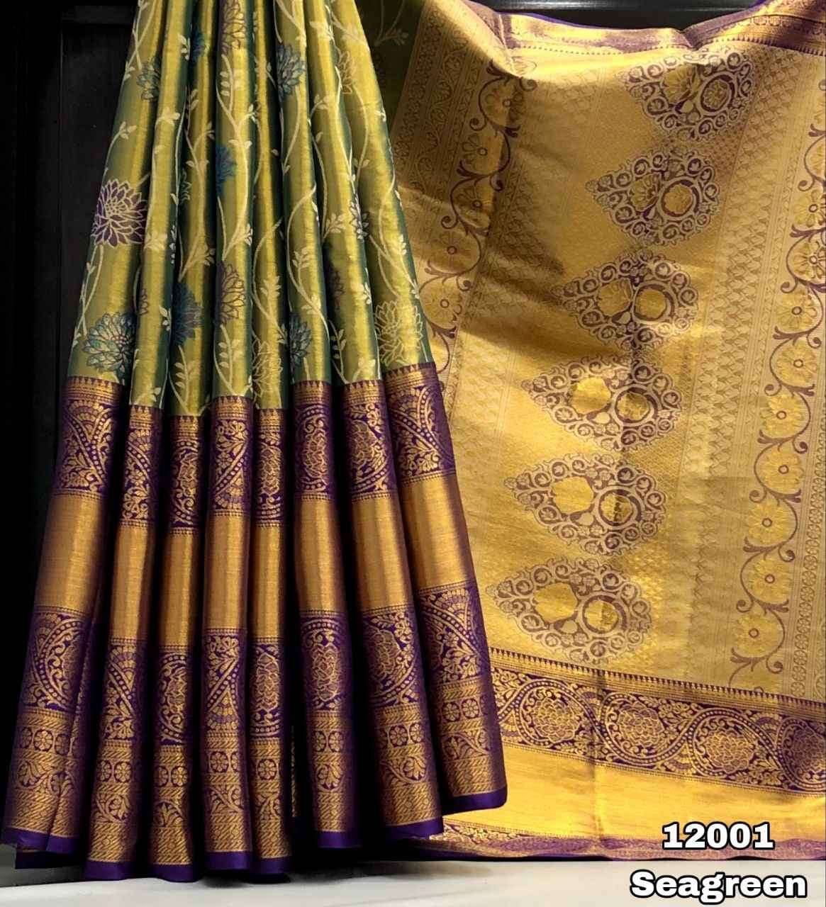 Kanjivaram Semi Pattu Silk Saree with Gold Zari Weaving and Floral Desig