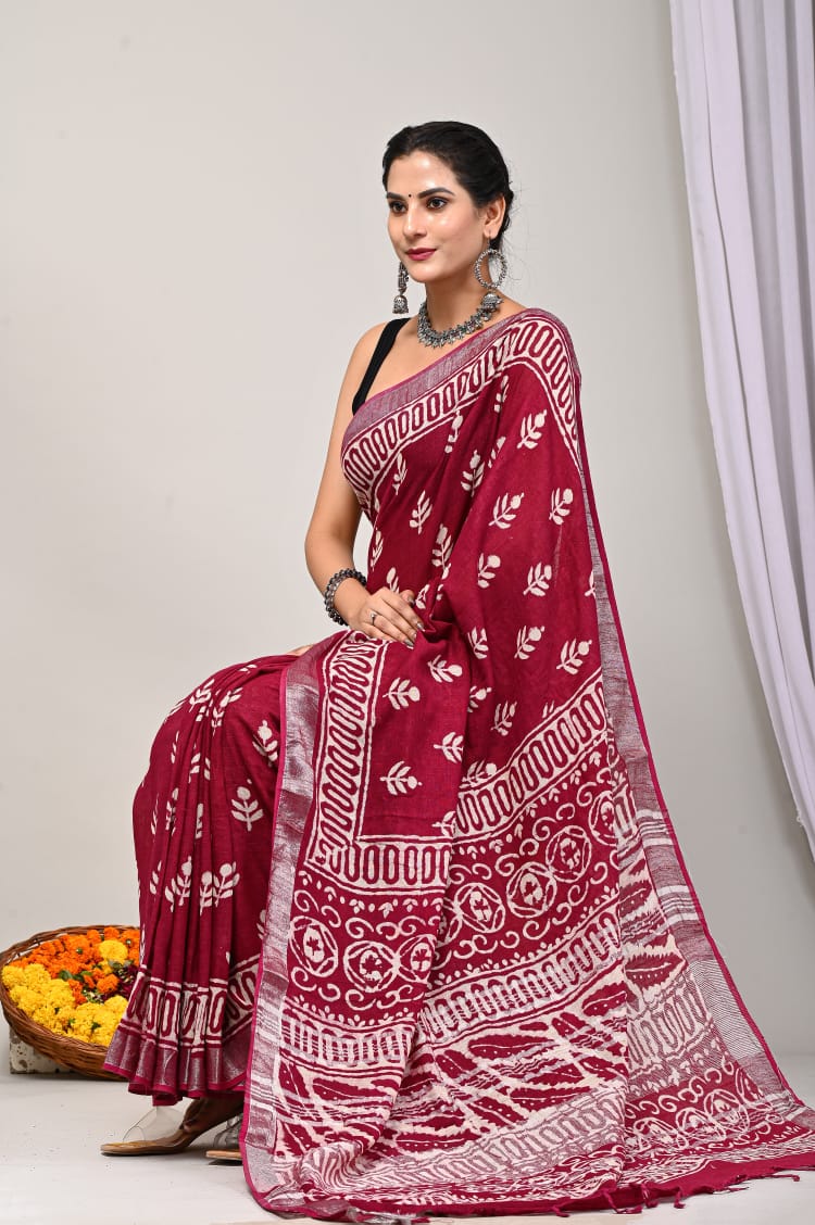 Elevate Your Style with Our Hand-Block Printed Linen Saree Collection!