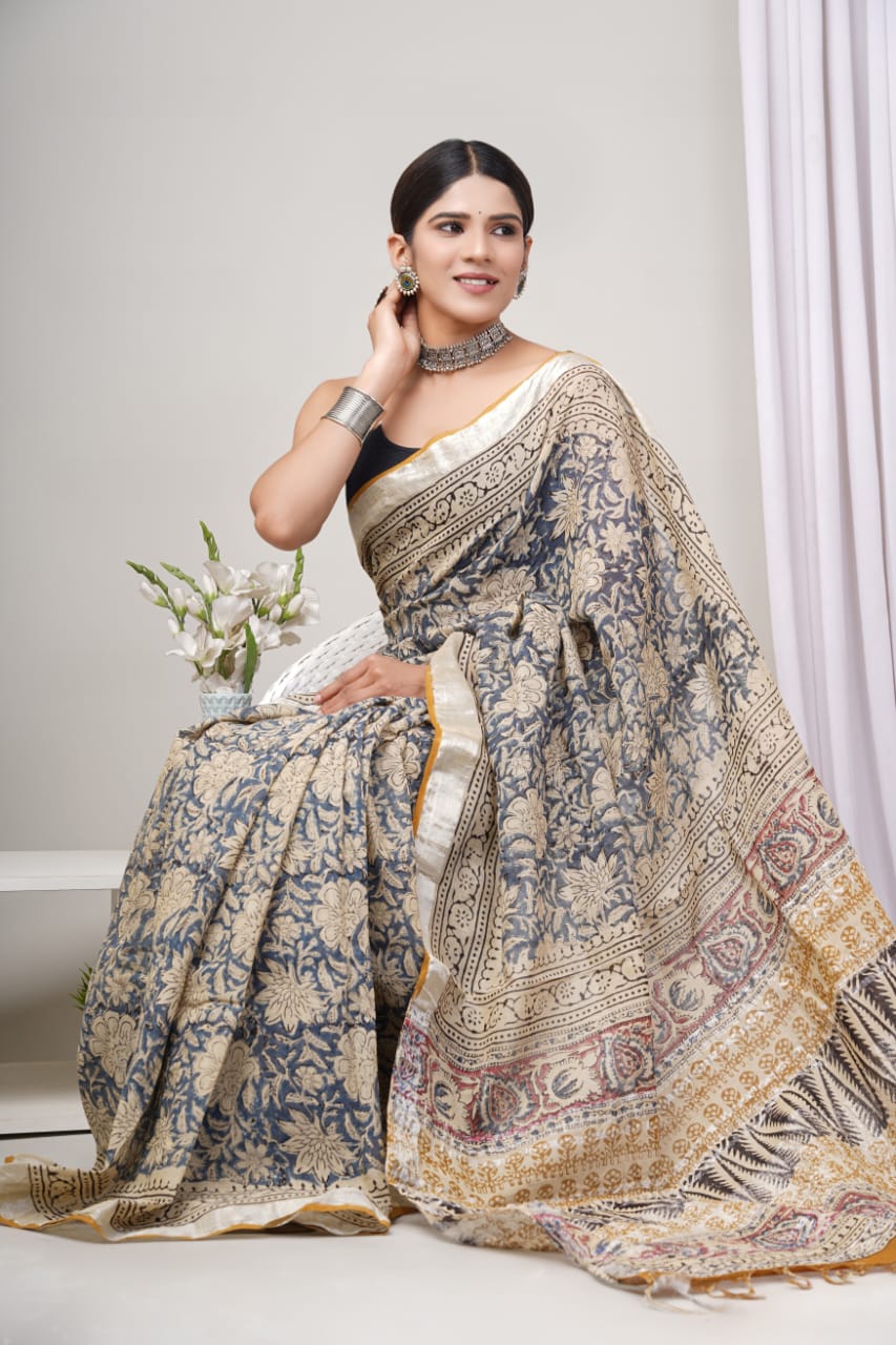 Elevate Your Style with Our Hand-Block Printed Linen Saree Collection!