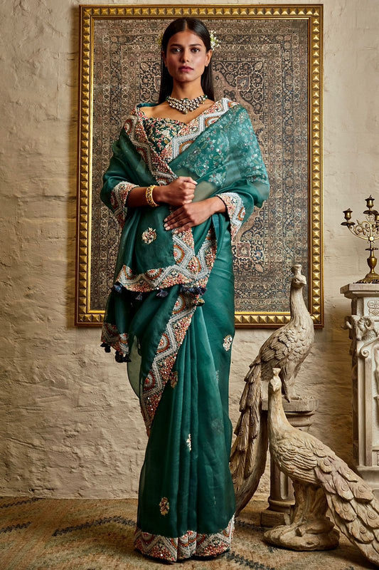 Rama Organza Saree with Sequin Embroidery - Embrace Tradition with Modern Flair!