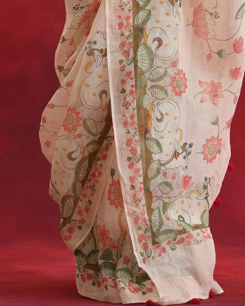 Plain Linen Saree with Digital Print