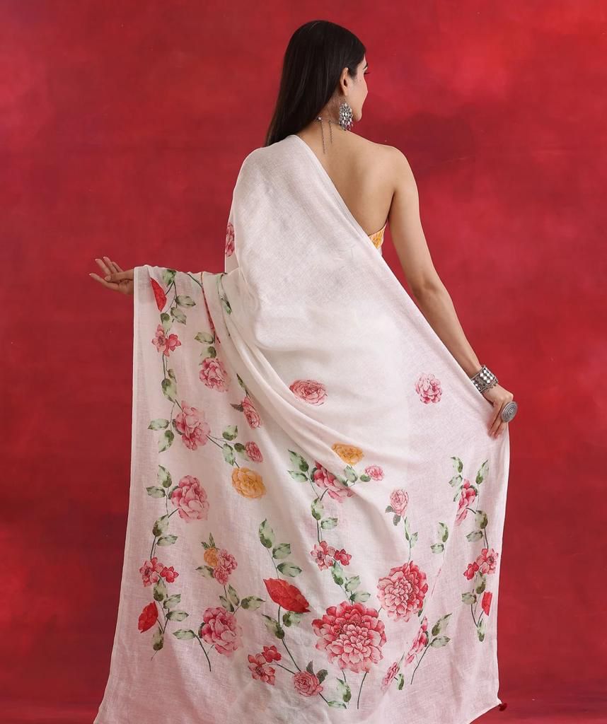 Plain Linen Saree with Digital Print