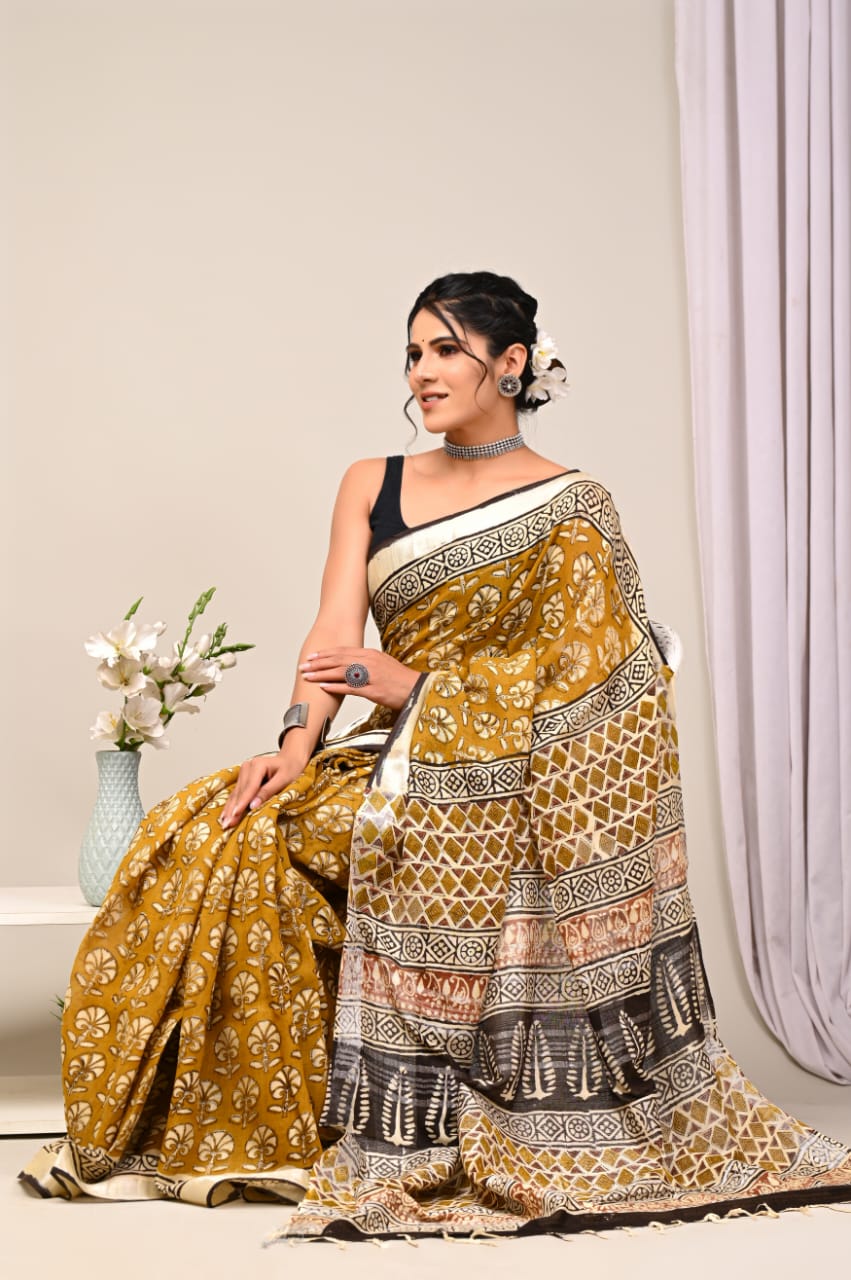 Elevate Your Style with Our Hand-Block Printed Linen Saree Collection!