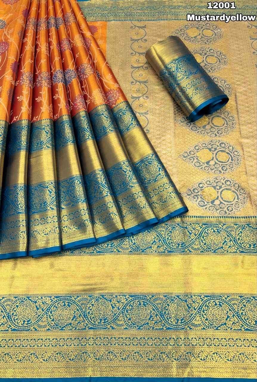 Kanjivaram Semi Pattu Silk Saree with Gold Zari Weaving and Floral Desig