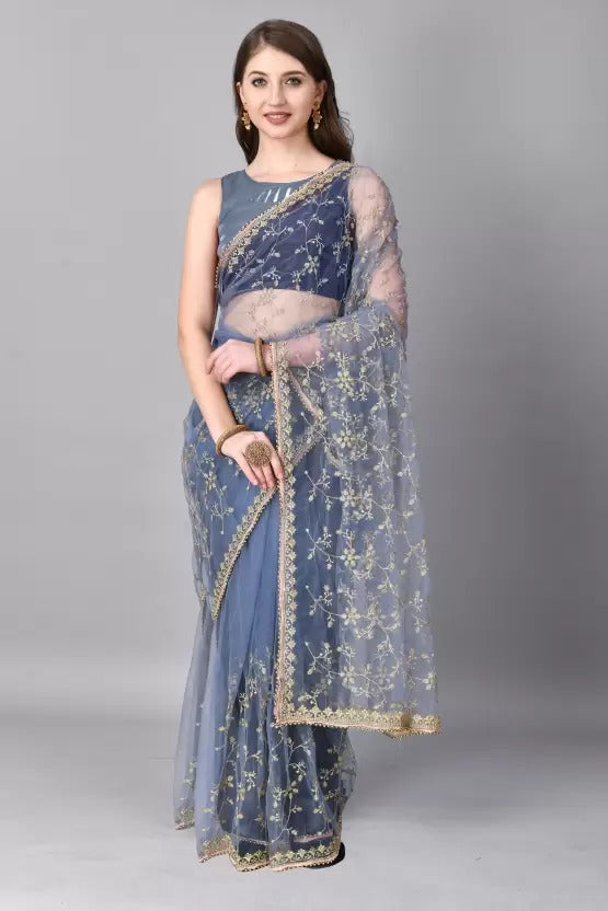 Elegant Net Embroidered Saree With Blouse