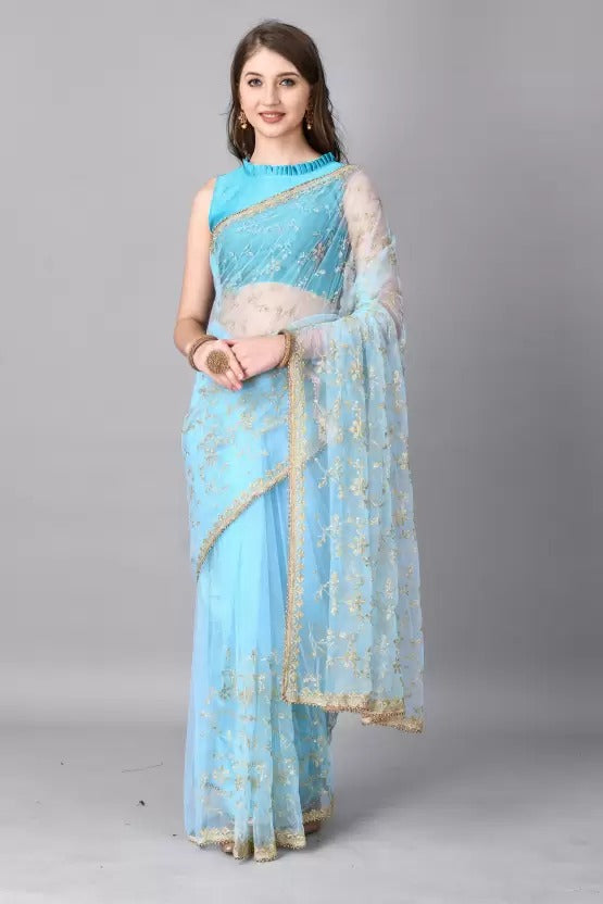 Elegant Net Embroidered Saree With Blouse