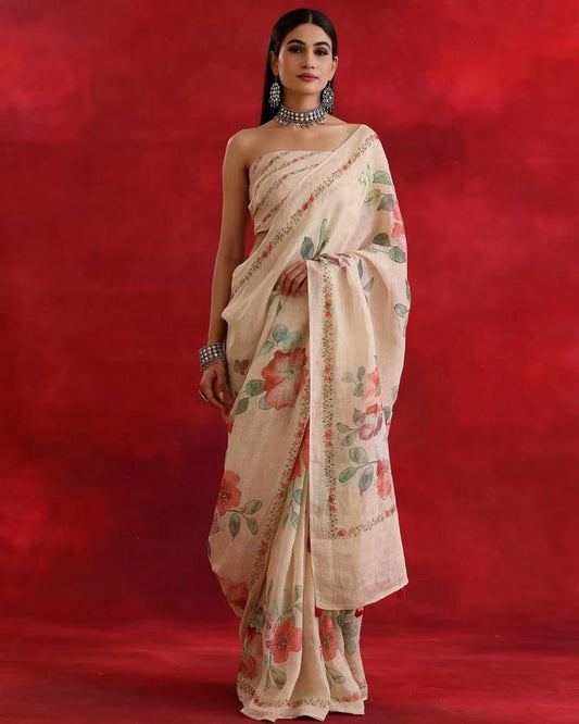 Plain Linen Saree with Digital Print