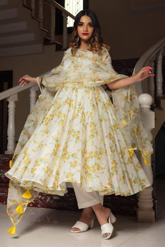 Floral White Organza Anarkali Kurta Set Complete with Dupatta