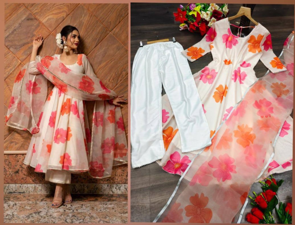 Pink Floral Printed Georgette Kurta Set With  Matching Dupatta