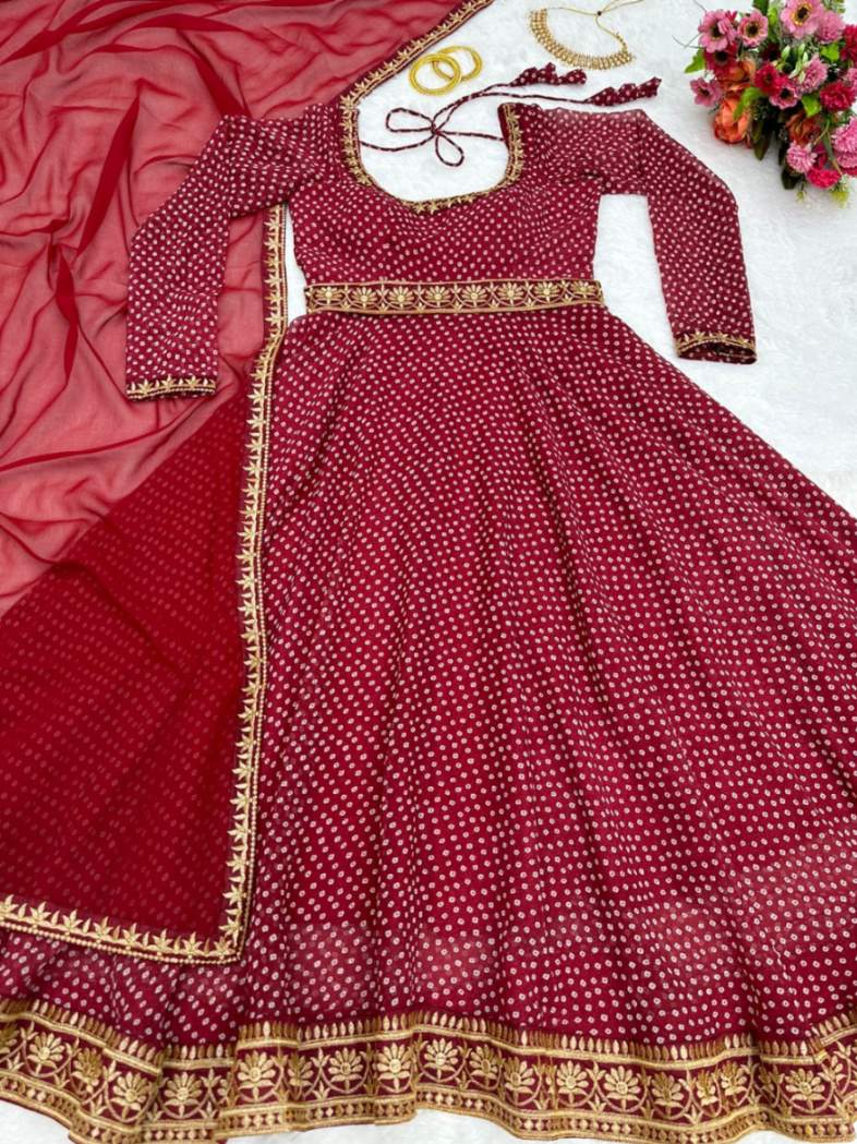 Red Georgette Gown: Print, Embroidery, and Lace Detailing