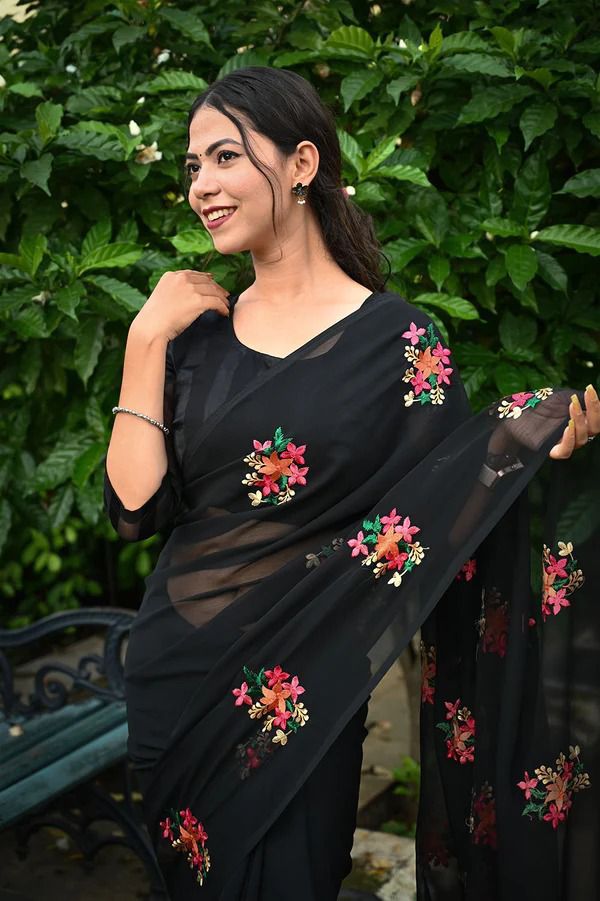 Bollywood-Inspired Chinnon Fabric Saree with Thread Work and Diamond Silk Blouse