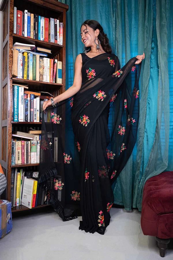 Bollywood-Inspired Chinnon Fabric Saree with Thread Work and Diamond Silk Blouse