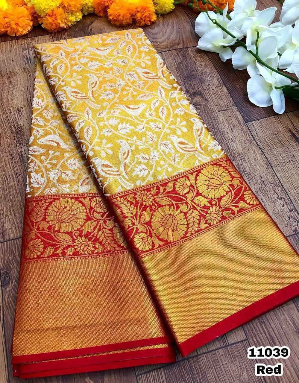 Semi Bridal Silk Saree with Kanjivaram-Inspired Pattern and Elegant Long Borders