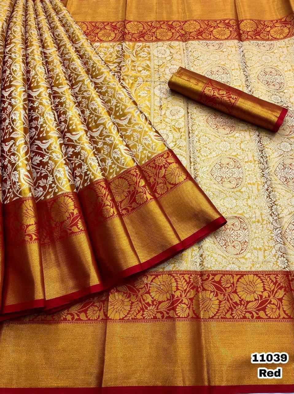 Semi Bridal Silk Saree with Kanjivaram-Inspired Pattern and Elegant Long Borders