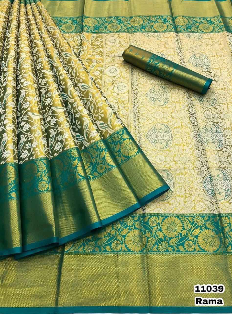 Semi Bridal Silk Saree with Kanjivaram-Inspired Pattern and Elegant Long Borders