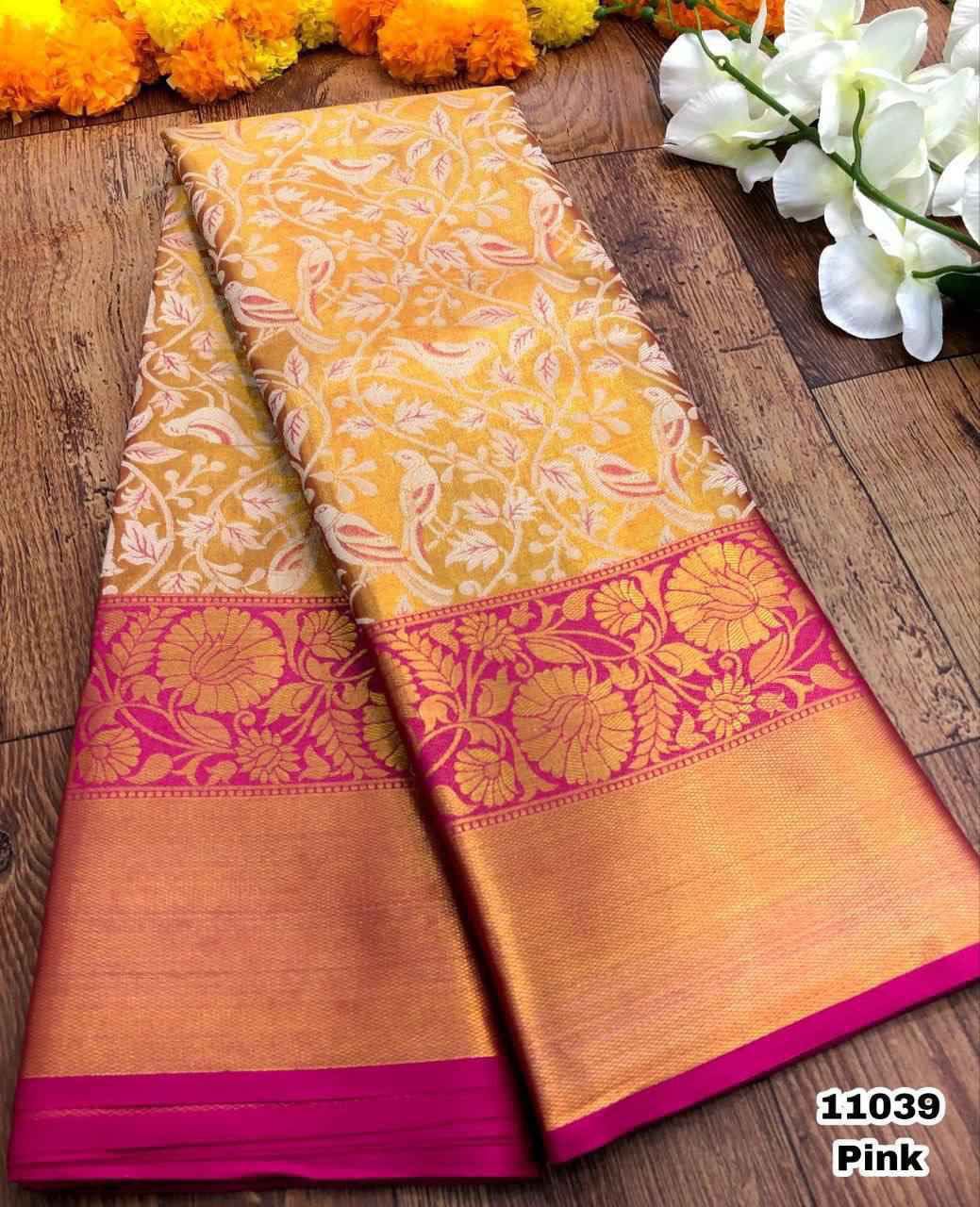 Semi Bridal Silk Saree with Kanjivaram-Inspired Pattern and Elegant Long Borders