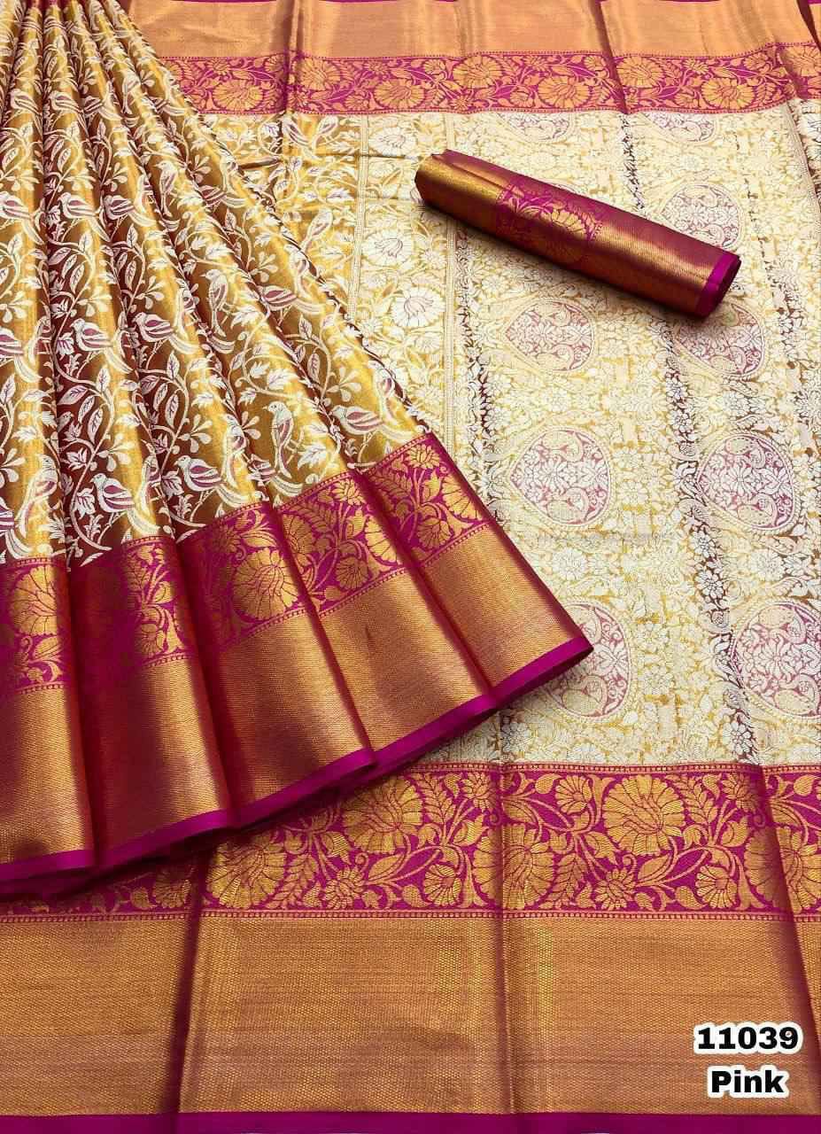 Semi Bridal Silk Saree with Kanjivaram-Inspired Pattern and Elegant Long Borders