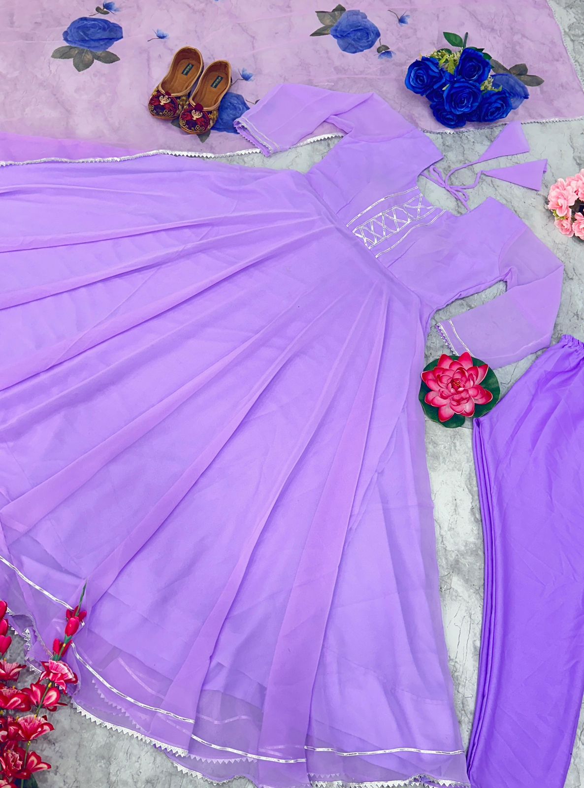 Lavender Georgette Anarkali Suit Set with Organza Dupatta