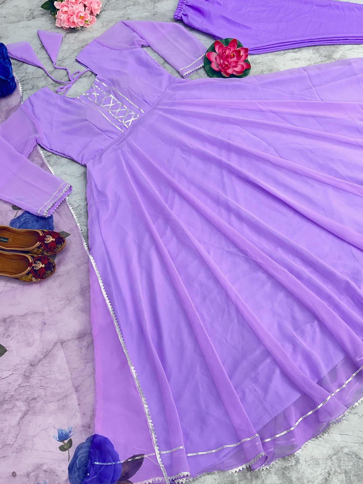 Lavender Georgette Anarkali Suit Set with Organza Dupatta