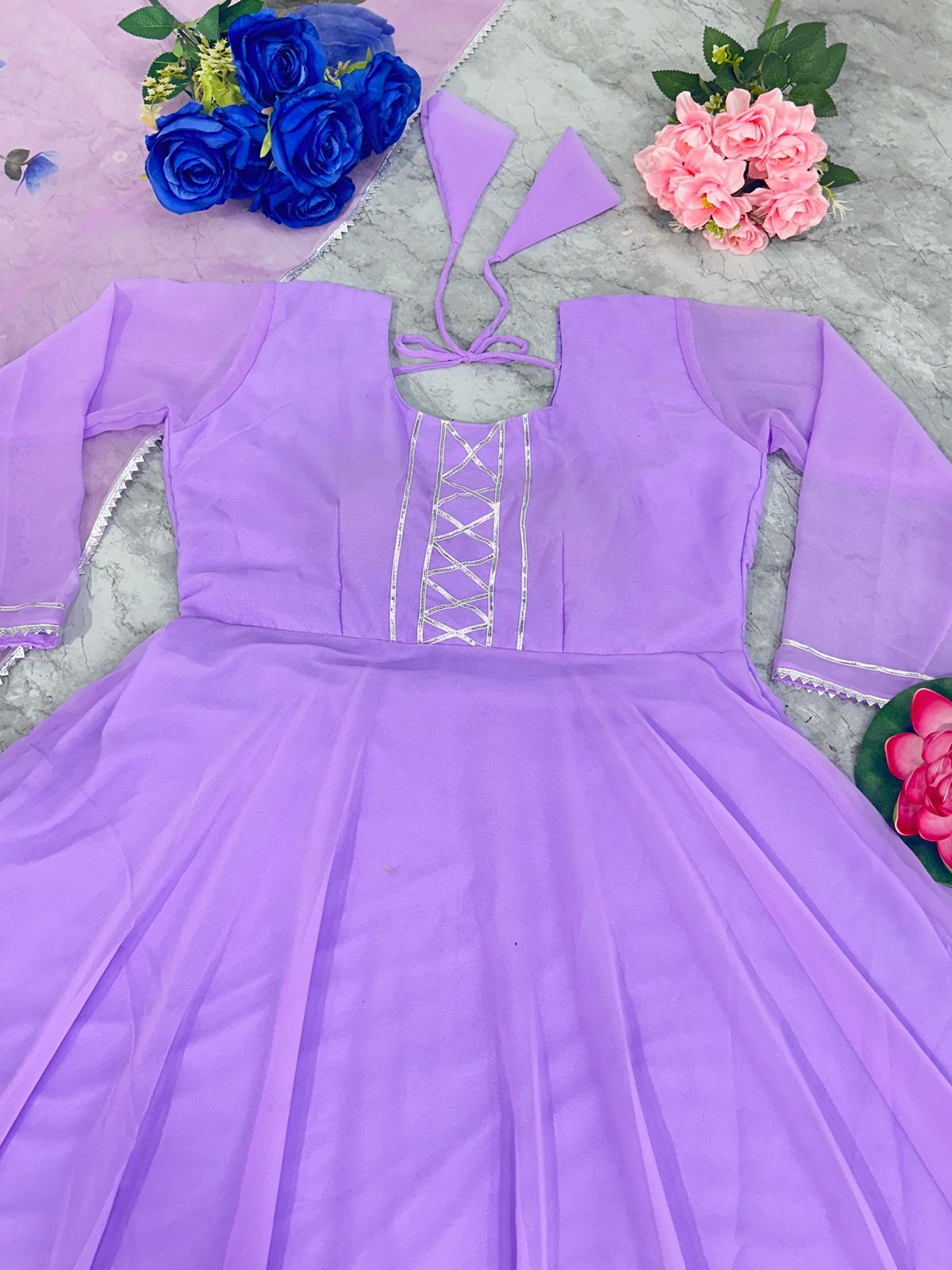 Lavender Georgette Anarkali Suit Set with Organza Dupatta