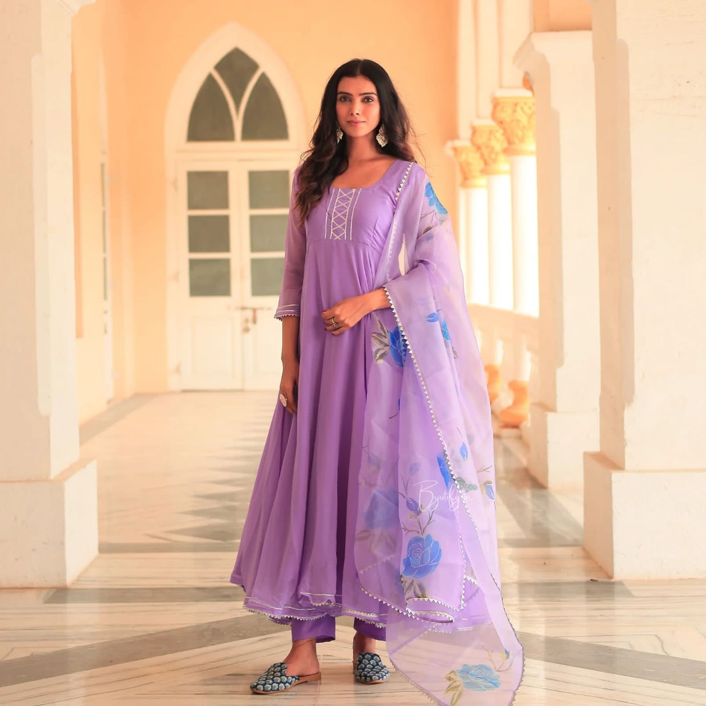 Lavender Georgette Anarkali Suit Set with Organza Dupatta