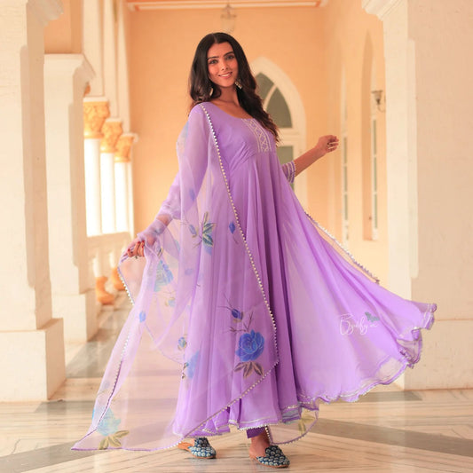 Lavender Georgette Anarkali Suit Set with Organza Dupatta