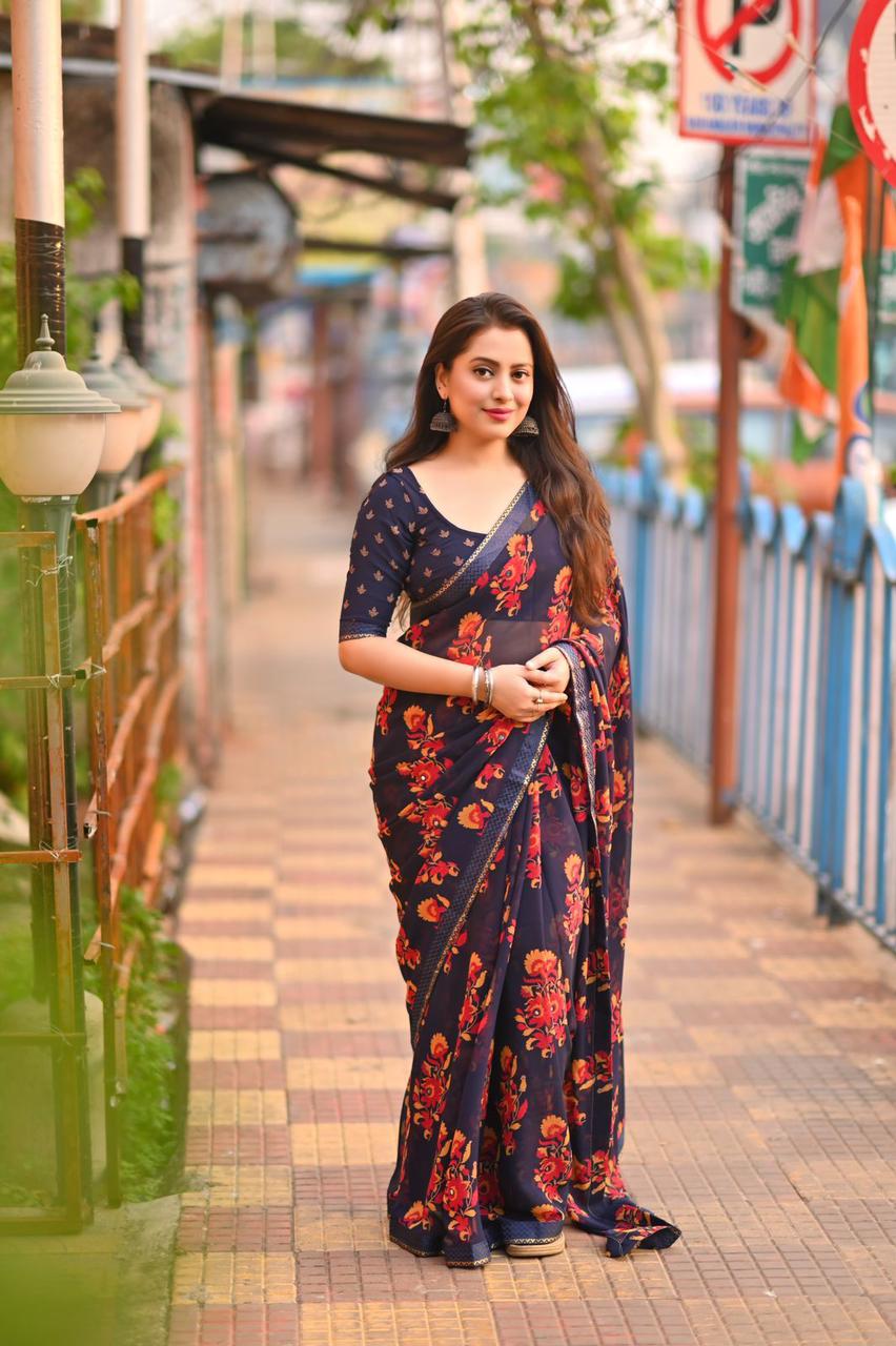 Soft Georgette Saree with Dark Round and Multicolour Floral Prints