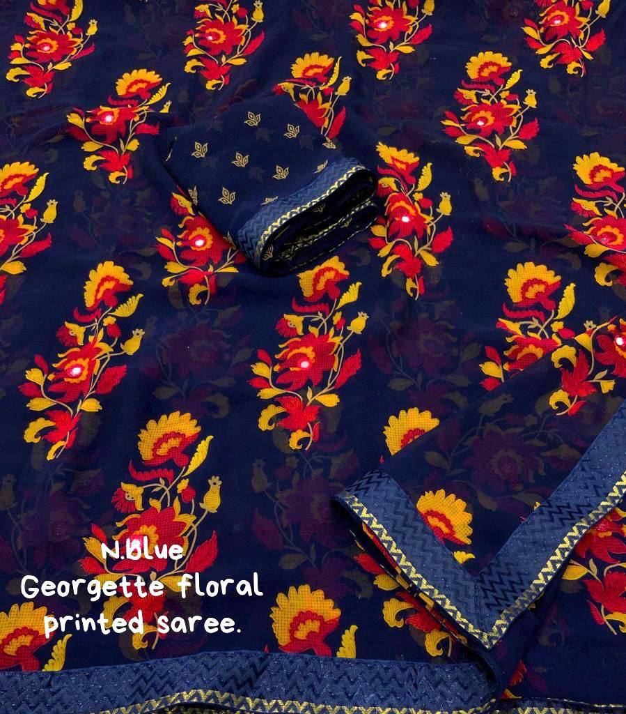 Soft Georgette Saree with Dark Round and Multicolour Floral Prints