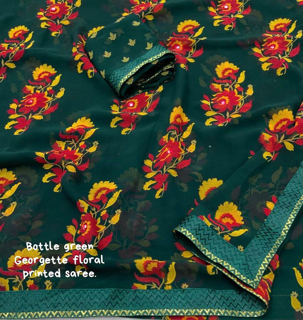 Soft Georgette Saree with Dark Round and Multicolour Floral Prints