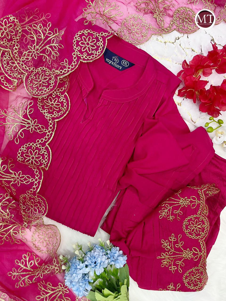 "Stunning Pure Cotton Silk Kurti-Pant Set with Embroidered Orgenza Dupatta