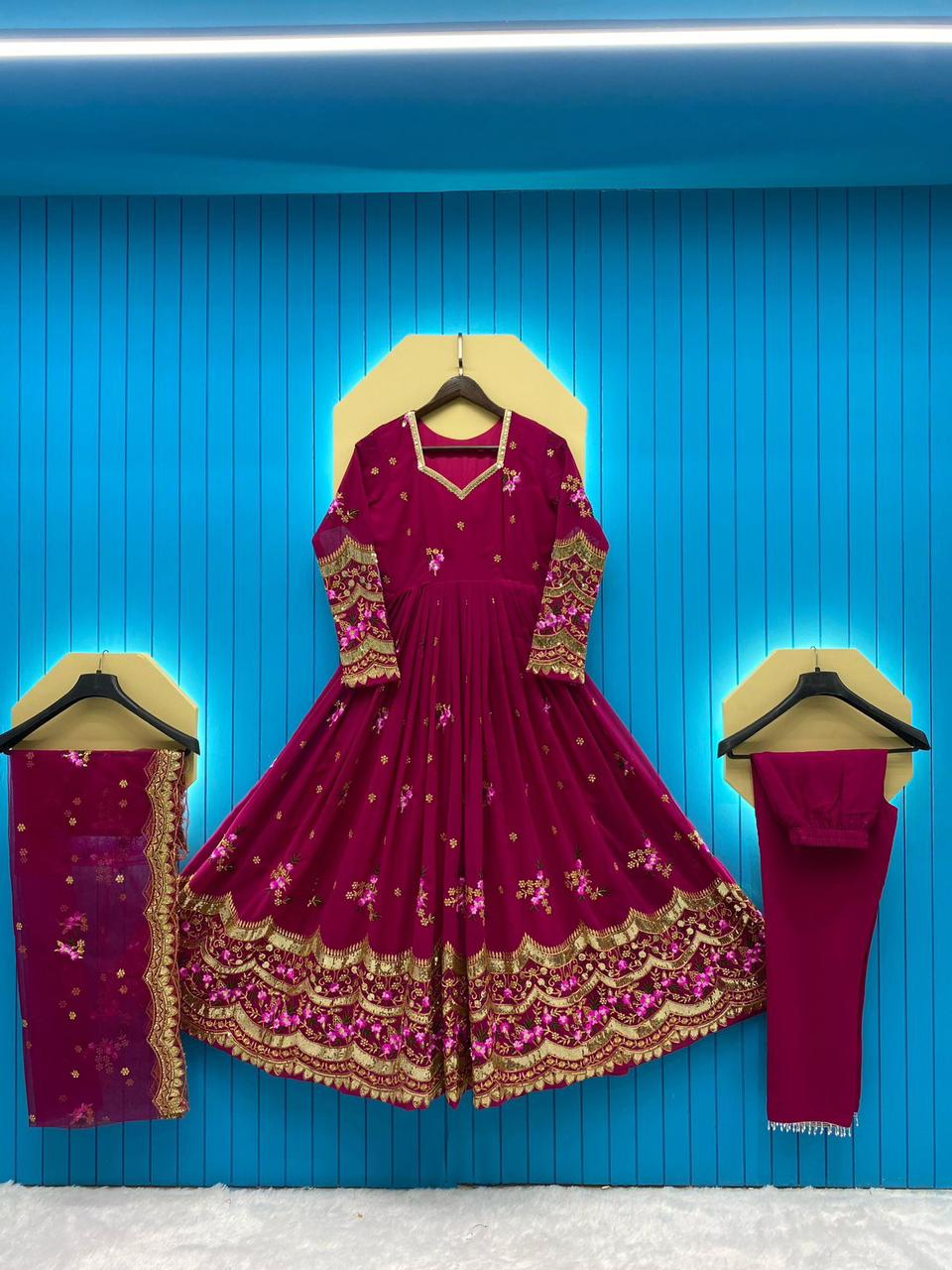 Cherry Pink Georgette Sequences Embroidered Anarkali Set