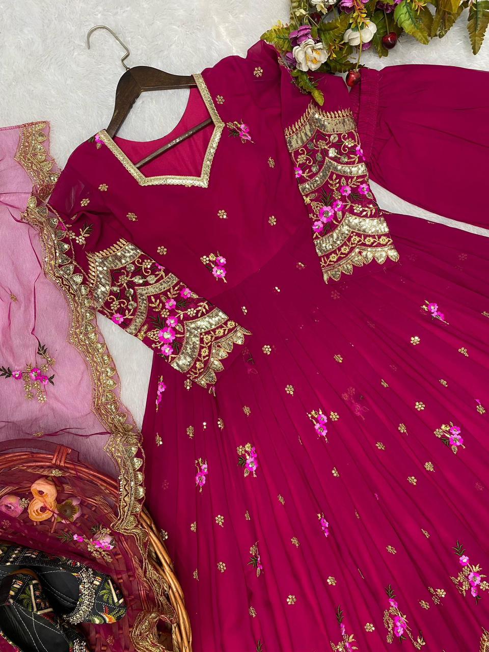 Cherry Pink Georgette Sequences Embroidered Anarkali Set