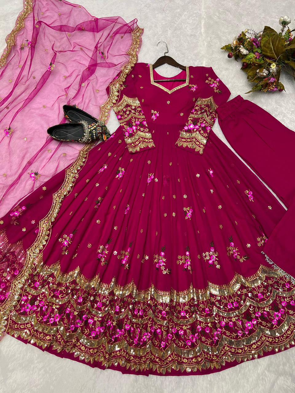 Cherry Pink Georgette Sequences Embroidered Anarkali Set