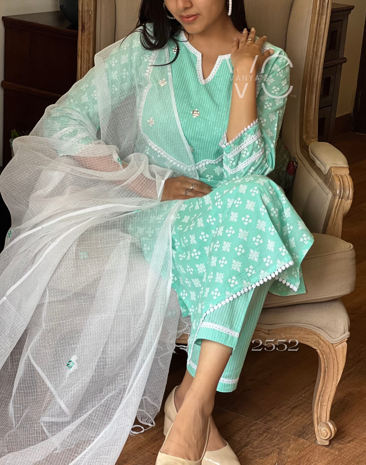 Exquisite Sea Green Hand Block Cotton Suit!