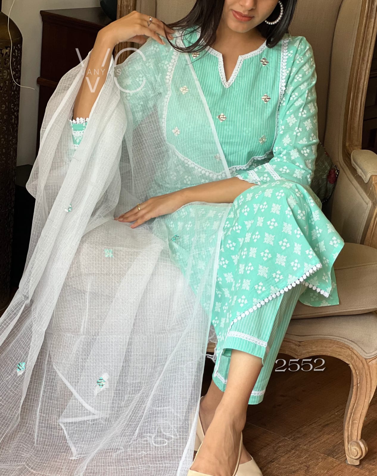 Exquisite Sea Green Hand Block Cotton Suit!