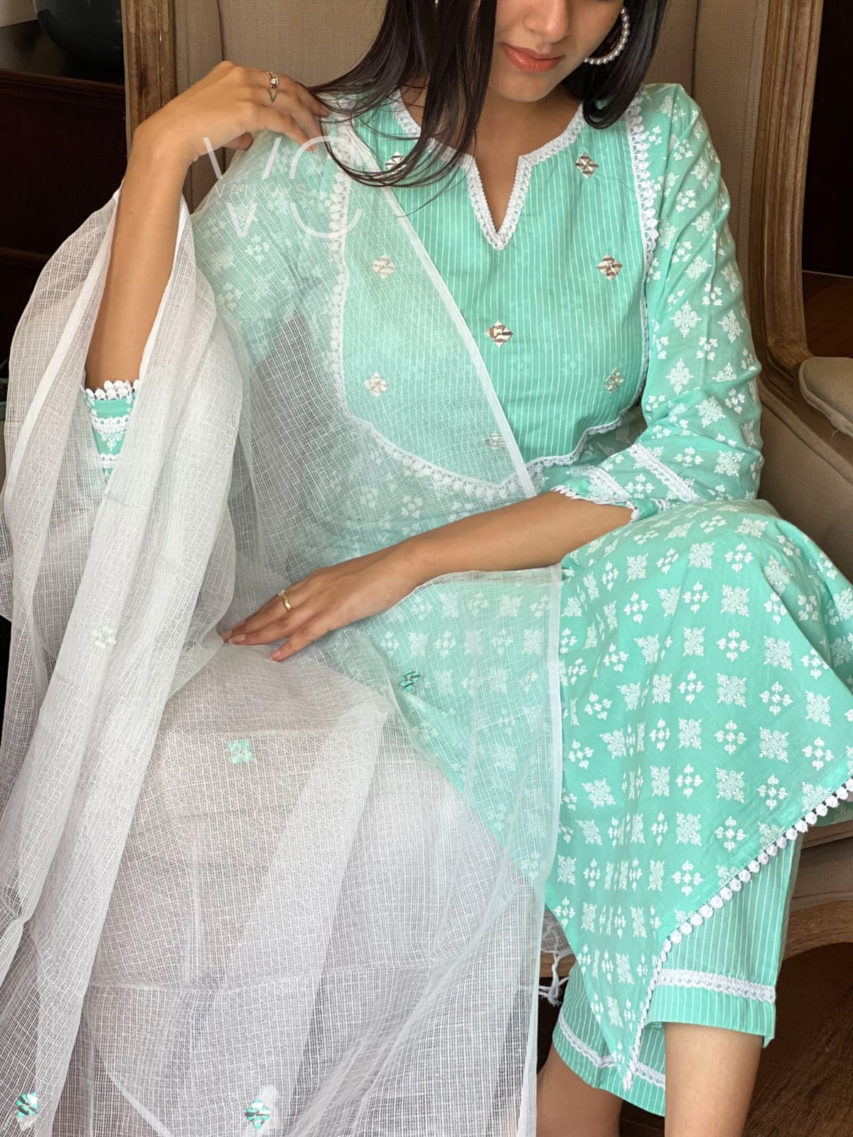 Exquisite Sea Green Hand Block Cotton Suit!