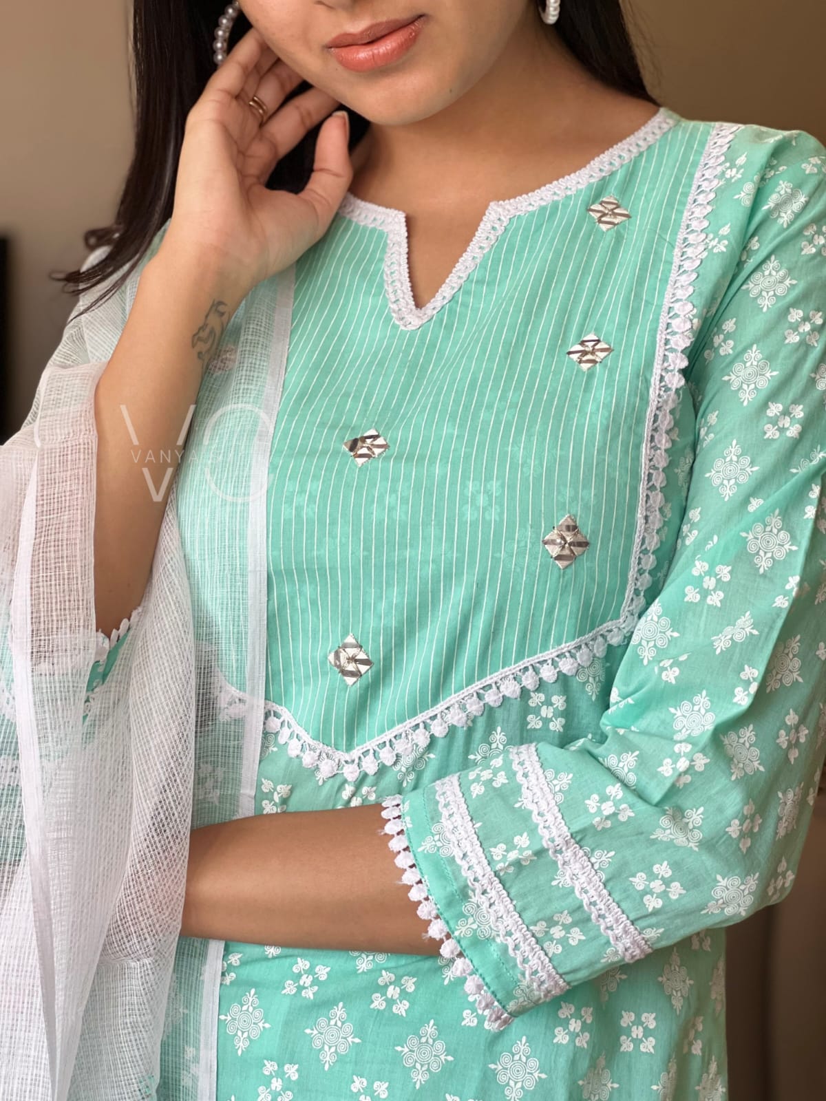 Exquisite Sea Green Hand Block Cotton Suit!