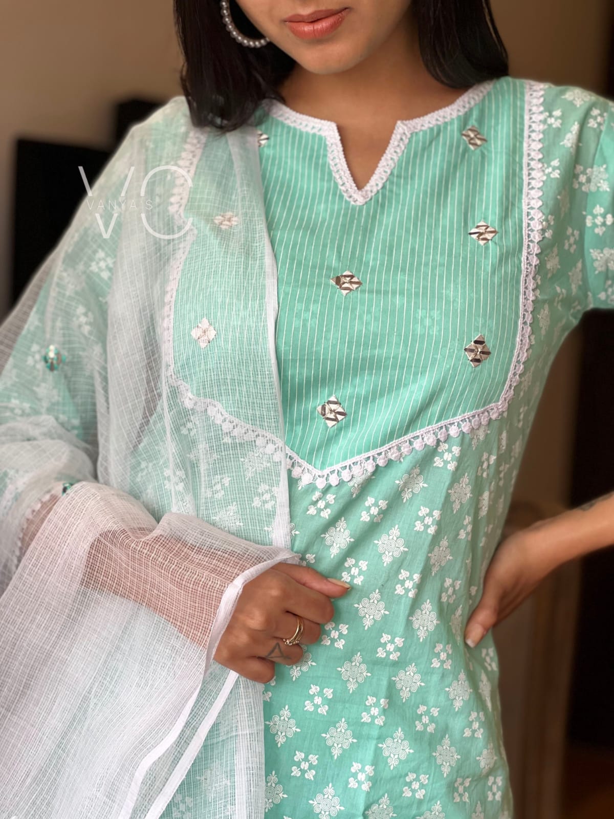 Exquisite Sea Green Hand Block Cotton Suit!