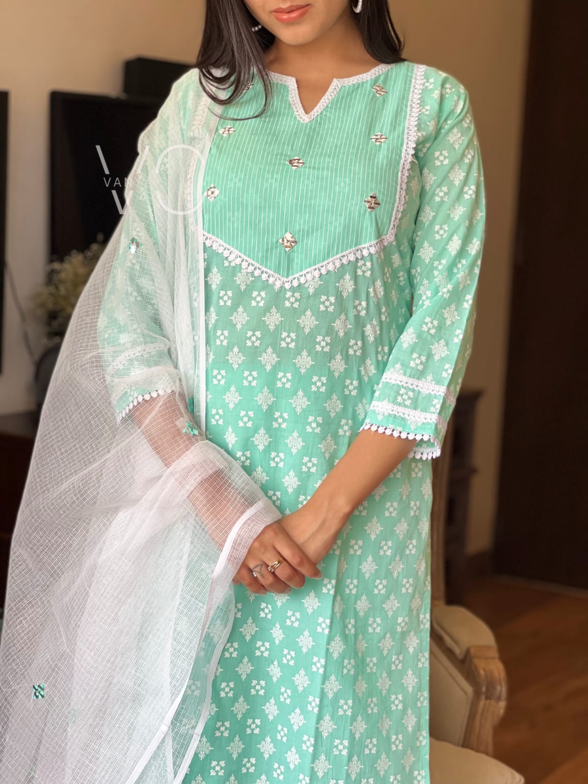 Exquisite Sea Green Hand Block Cotton Suit!