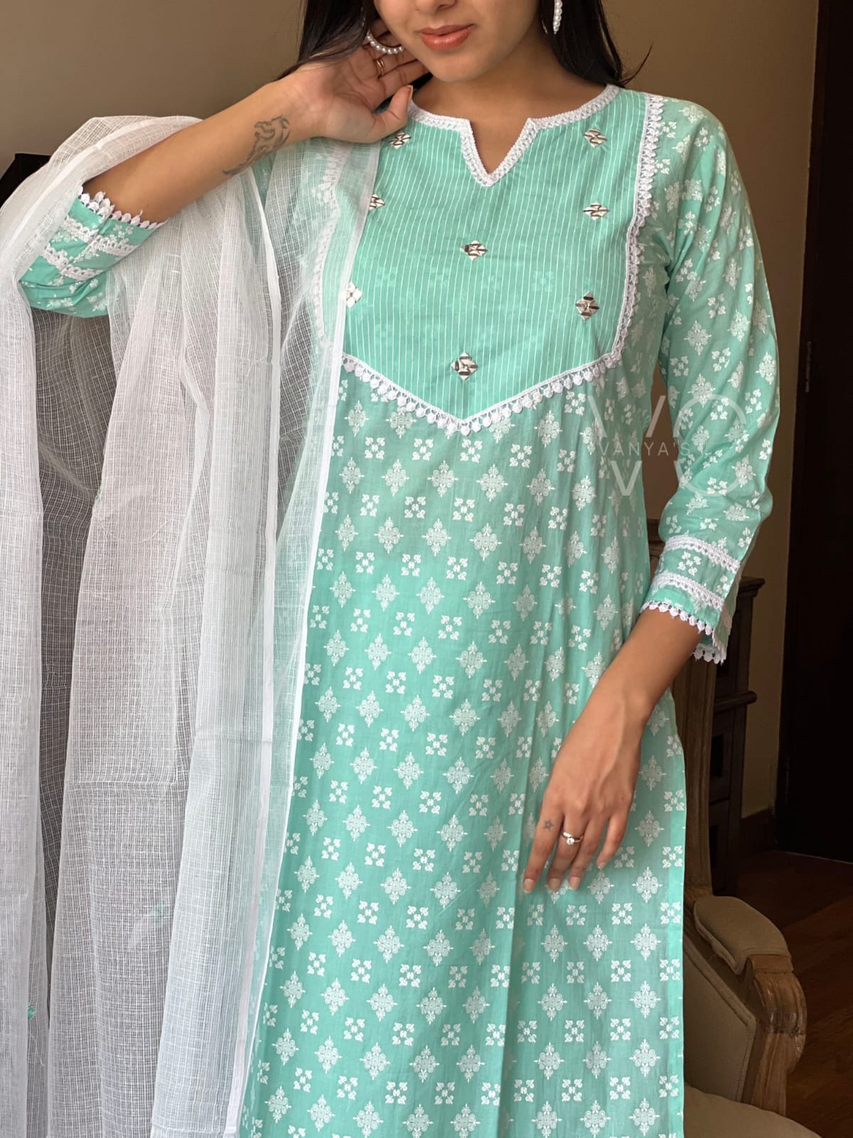 Exquisite Sea Green Hand Block Cotton Suit!