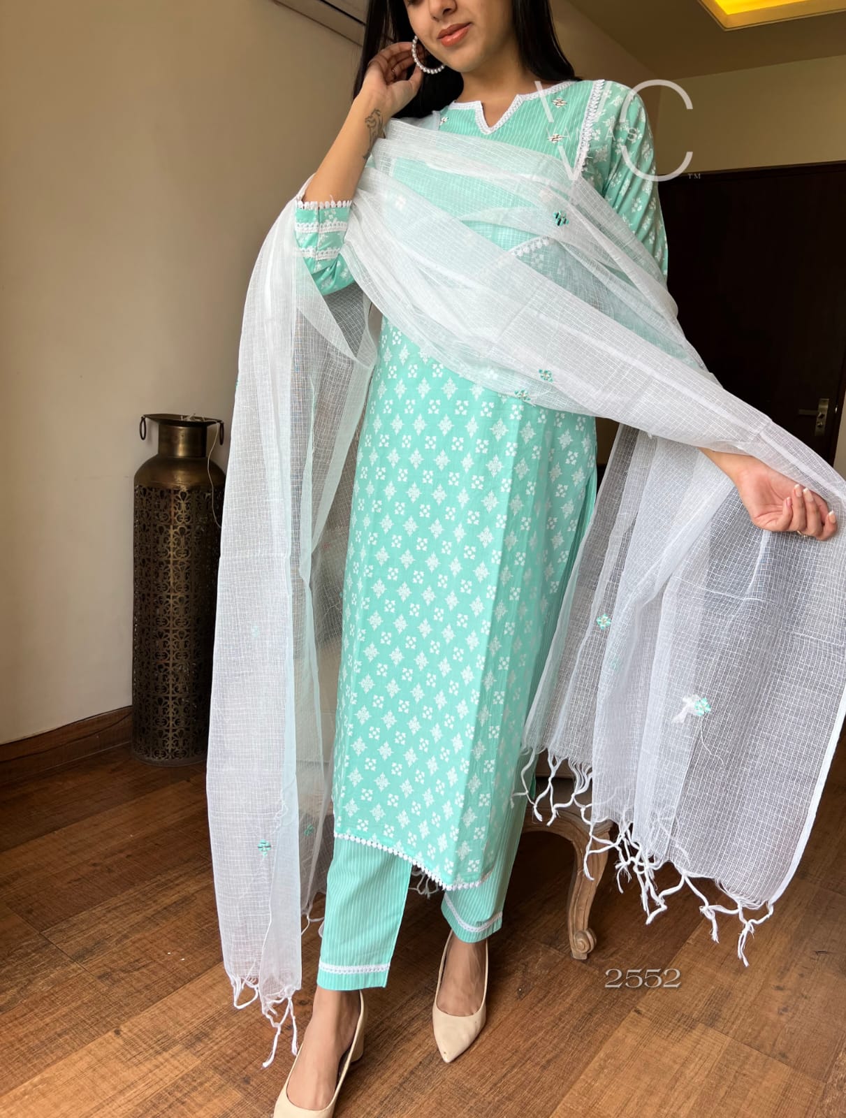 Exquisite Sea Green Hand Block Cotton Suit!