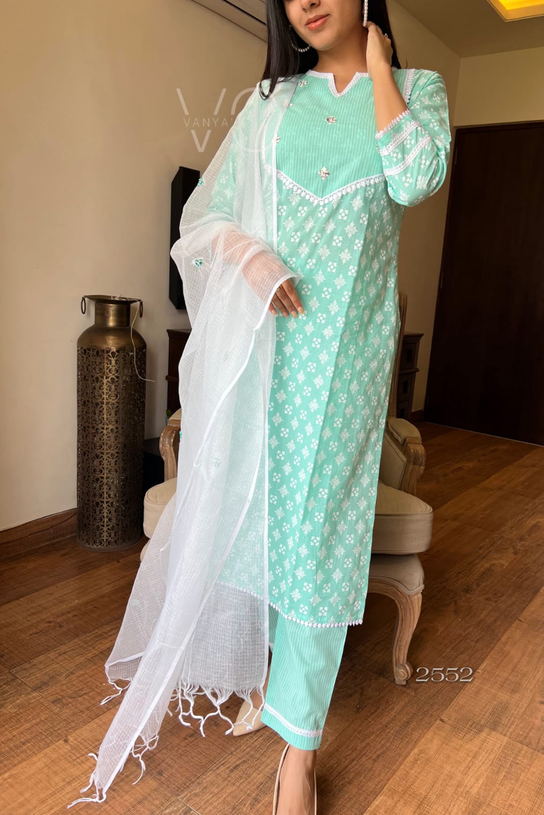 Exquisite Sea Green Hand Block Cotton Suit!