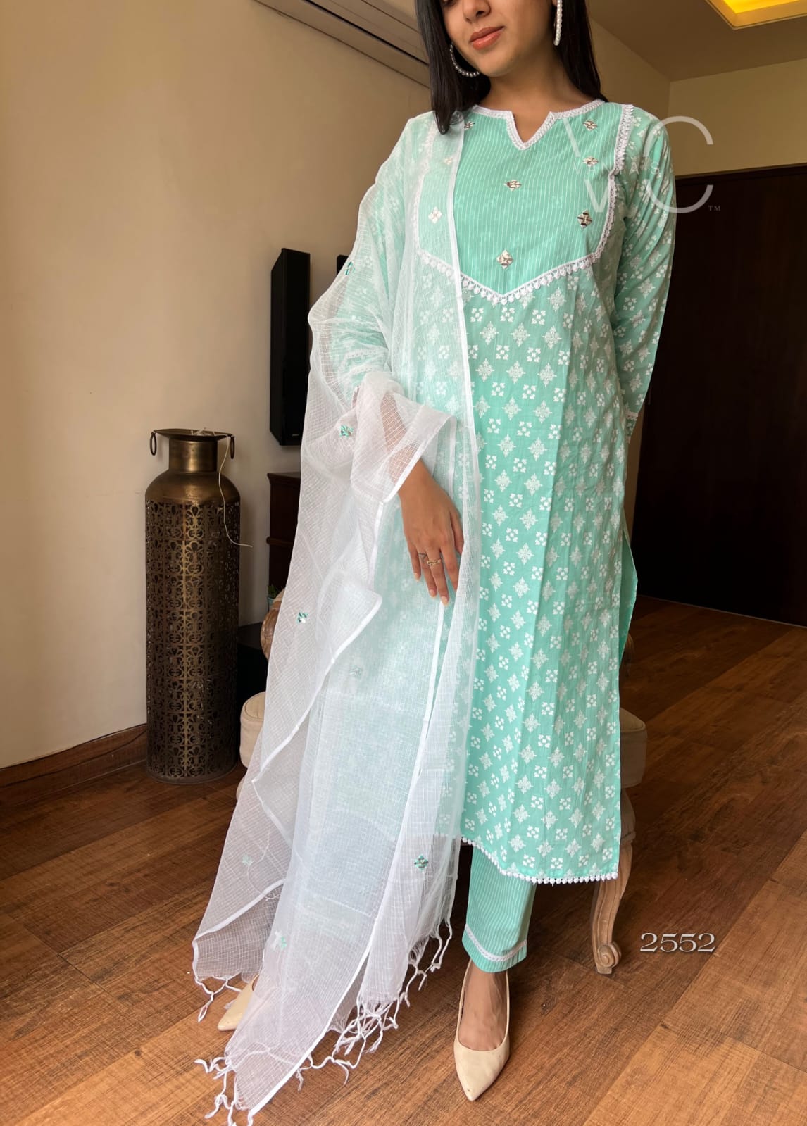 Exquisite Sea Green Hand Block Cotton Suit!