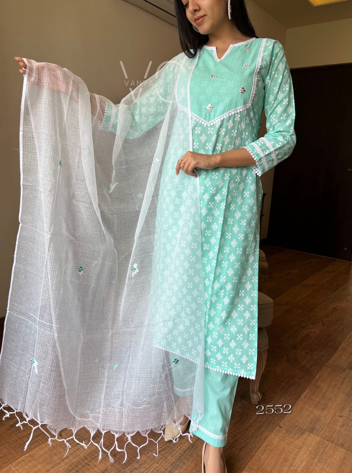 Exquisite Sea Green Hand Block Cotton Suit!