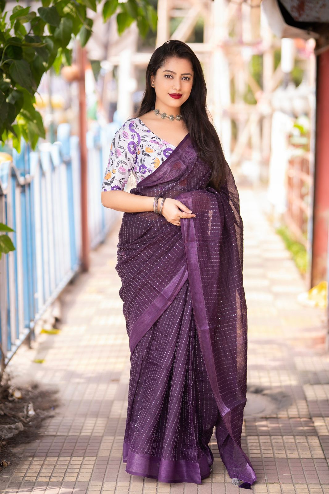 Premium Linen Saree with Sequin Embellishments and Mulbery Silk Blouse