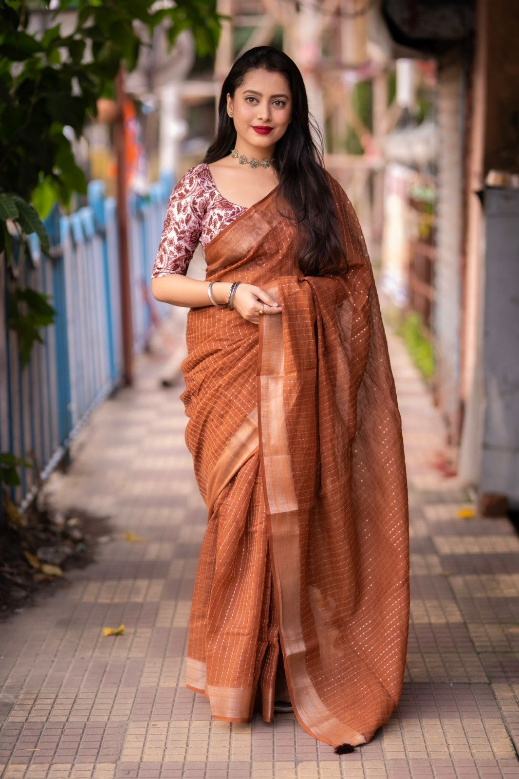 Premium Linen Saree with Sequin Embellishments and Mulbery Silk Blouse