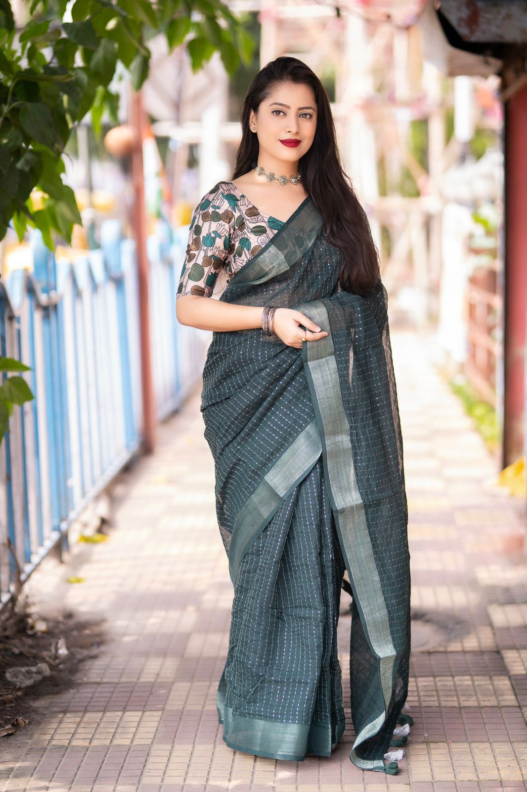 Premium Linen Saree with Sequin Embellishments and Mulbery Silk Blouse