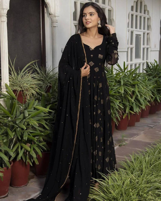 Exquisite Gold Printed Maxy Gown with Dupatta